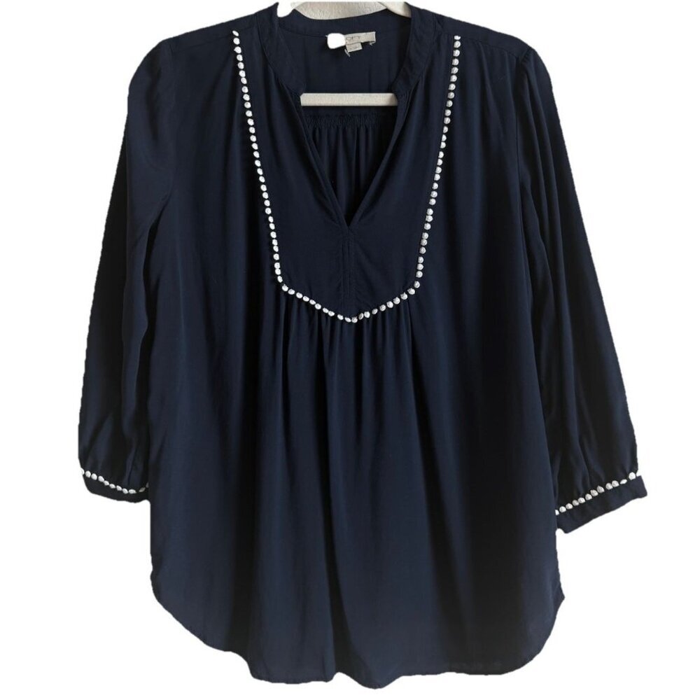 LOFT Women’s Deep V-Neck Blouse Navy 3/4 Sleeve Lightweight White Pom Pom Size S